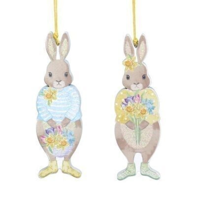 Bunny Cut Out Decoration By Gisela Graham Wooden cut out Easter bunny hanging decorations in blue and yellow. The perfect addition to your home for Easter and Spring. 2 designs. By Gisela Graham.